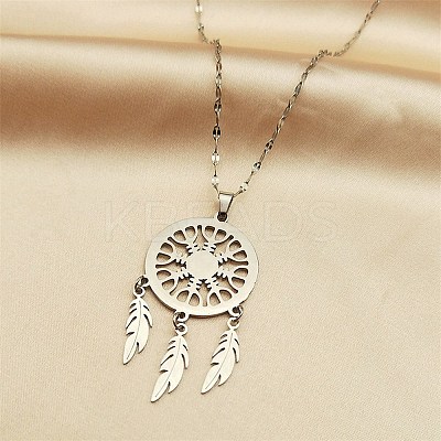 Non-Tarnish Woven Net/Web with Feather 201 Stainless Steel Boho Pendant Necklaces for Women NJEW-G087-08P-1