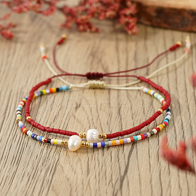 2Pcs Vintage Glass Seed Bead & Plastic Imitation Pear Beads Braided Bead Bracelets for Women JF2280-2-1