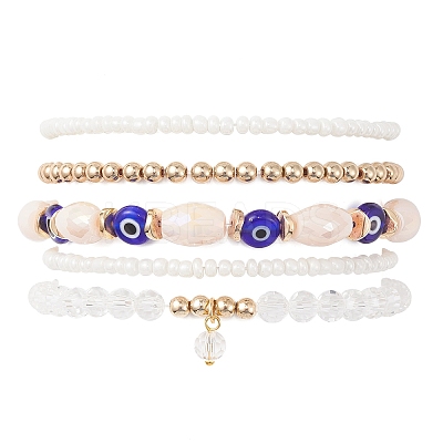 5Pcs 5 Style Glass & Lampwork Evil Eye Stretch Bracelets Set BJEW-JB09619-03-1