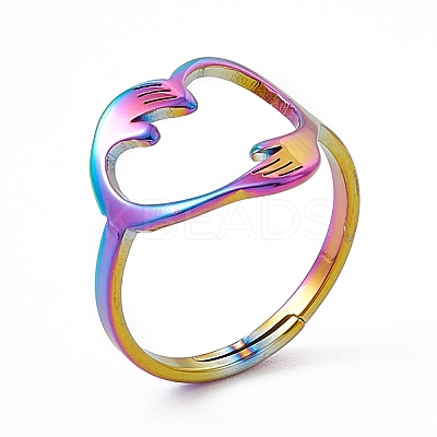 Ion Plating(IP) 201 Stainless Steel Hand Hug Heart Adjustable Ring for Women RJEW-K238-05M-1