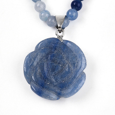 Natural Blue Aventurine(Dyed & Heated) 4.5mm Round Beaded Flower Pendant Necklaces NJEW-T016-04E-1