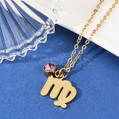 304 Stainless Steel Glass Drill Birth Stone Constellation Pendant Necklaces LS-STAS-D305-08G-F-1