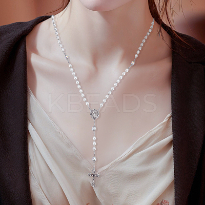 2Pcs White Round Glass Pearl Rosary Bead Necklaces NJEW-GO0001-13-1