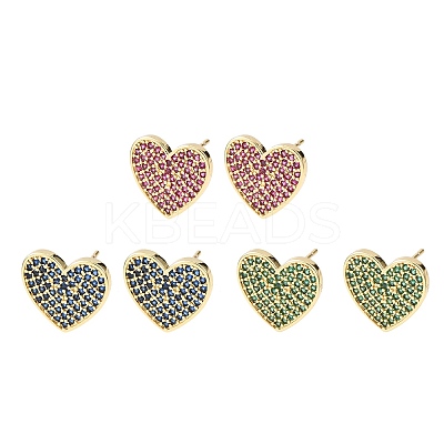 Heart Brass Micro Pave Cubic Zirconia Stud Earrings EJEW-H178-01G-1