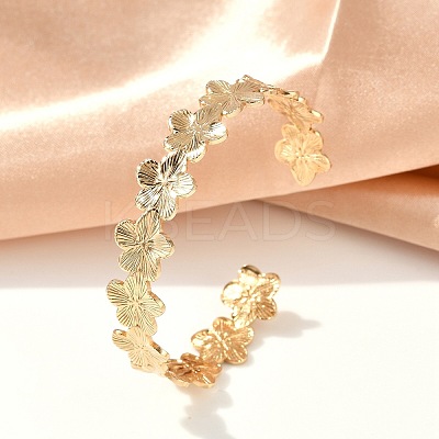 304 Stainless Steel Flower Open Cuff Bangles for Women BJEW-M316-01G-1