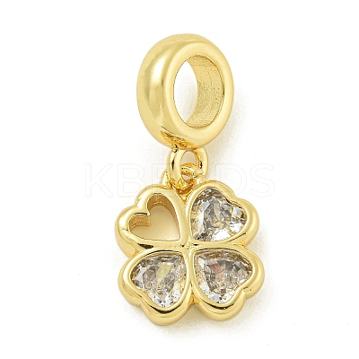 Rack Plating Brass Pave Clear Cubic Zirconia Clover European Dangle Charms KK-Z067-36G-1
