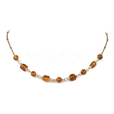 Natural Amber Round Cube Beads Link Chain Necklaces NJEW-JN06073-1