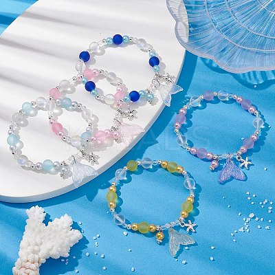5Pcs 5 Color Glass & ABS Plastic Imitation Pearl Beaded Stretch Bracelets Set BJEW-JB09747-S-1