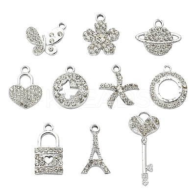 10Pcs 10 Style Platinum Tone Alloy Rhinestone Pendants ALRI-YW0001-13-1