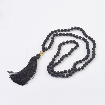 Natural Dyed & Heated Black Agate Buddha Mala Beads Necklaces NJEW-JN02129-01-1