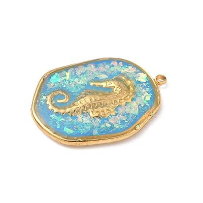 304 Stainless Steel Epoxy Resin with Natural Shell and Sequins Inside Pendants STAS-L026-17G-M03-1