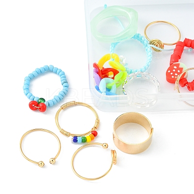 12Pcs 12 Style Cherry & Strawberry & Flower Glass Seed & Polymer Clay Heishi Beaded Stretch Finger Rings RJEW-YW0001-01-1