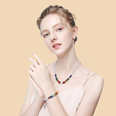 Natural & Synthetic Mixed Gemstone Round Beaded Necklace & Braided Bead Bracelet SJEW-AR0001-01-1
