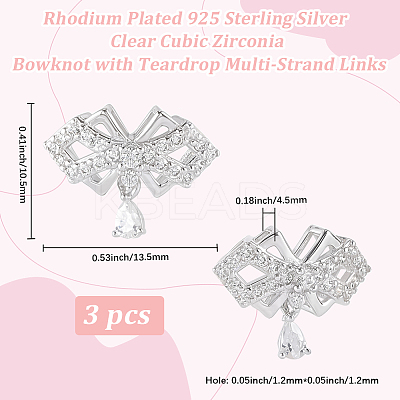 3Pcs 925 Sterling Silver Clear Cubic Zirconia Bowknot with Teardrop Multi-Strand Links STER-BBC0008-44-1