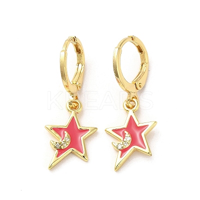 Star & Moon Real 18K Gold Plated Brass Dangle Leverback Earrings EJEW-L268-032G-02-1