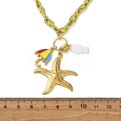 Starfish & Umbrella 304 Stainless Steel Enamel Pendant Necklaces NJEW-L465-07G-1