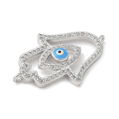 Brass Micro Pave Cleear Cubic Zirconia Evil Eye Hamsa Hand Connector Charms KK-C086-15A-P02-1