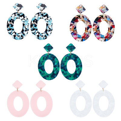 5 Pair 5 Color Acrylic Hollow Oval Dangle Stud Earrings with Steel Iron Pins for Women EJEW-AN0004-04-1