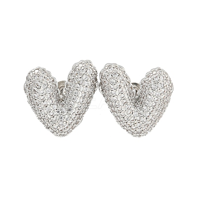 Heart Brass Pave Clear Cubic Zirconia Stud Earrings EJEW-M258-82P-1
