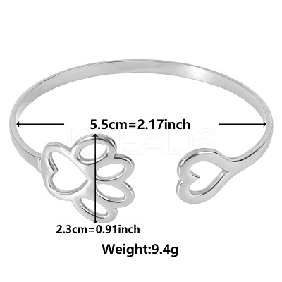 Stylish European and American Hollow Paw Print & Heart 304 Stainless Steel Cuff Bangles for Women IJ5253-1-1