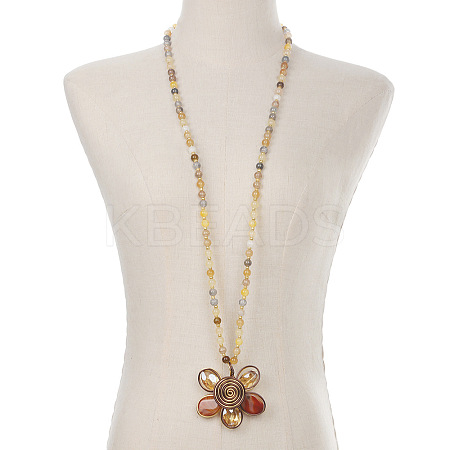 Glass Round Beaded Alloy Flower Pendant Long Necklaces for Women FS-WG02E2E-02-1