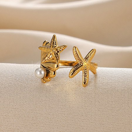 Starfish & Shell 304 Stainless Steel Cuff Rings LS-RJEW-S621-08G-1