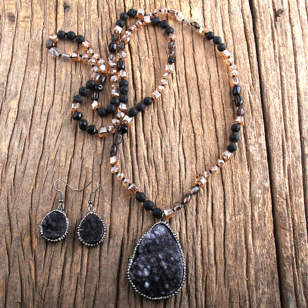 Teardrop Bohemian Style Glass with Natural Lava Rock Pendant Necklace & Dangle Earrings Sets FS-WG0DE9F-03-1