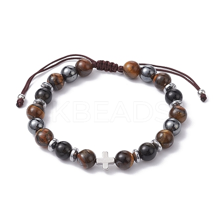 Natural Tiger Eye & Obsidian Round & Brass Cross Braided Bead Bracelets BJEW-JB09704-02-1