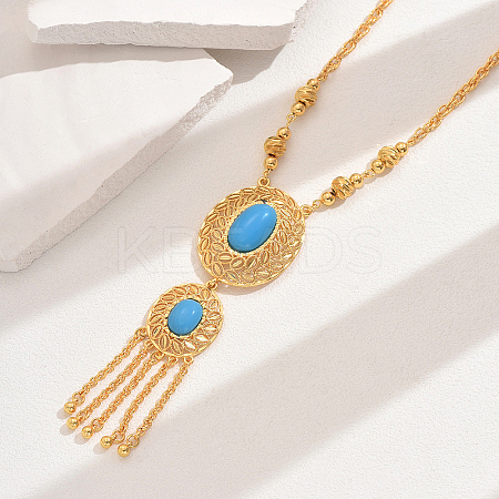 Fashionable Vintage Brass & Resin Imitation Gemstone Tassel Oval Pendant Necklaces for Women FQ7725-4-1