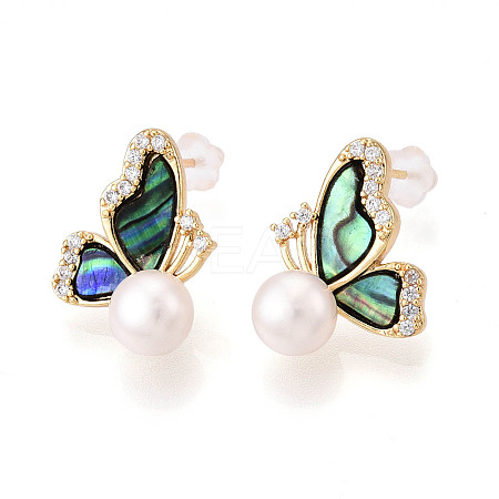 Butterfly Brass Natural Pearl Stud Earrings PEAR-N020-06U-1