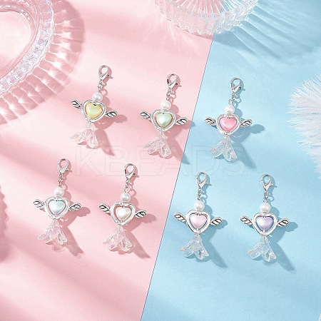 Acrylic Imitation Pearl Flower Heart Angel with Alloy Wings Pendant Decorations HJEW-JM03984-1