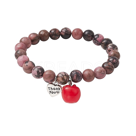 Teachers' Day Thank You 8mm Round Natural Rhodonite Stretch Bracelets BJEW-JB10432-01-1