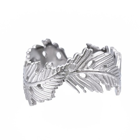 304 Stainless Steel Leaf Open Cuff Ring RJEW-T023-10P-1