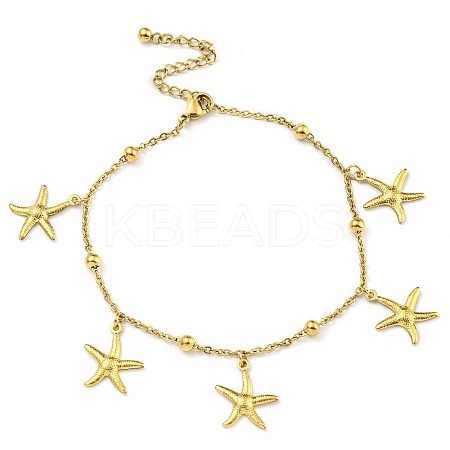 PVD Vacuum Plating Summer Beach 304 Stainless Steel Cable Chain Starfish Charm Bracelets BJEW-P334-02G-1