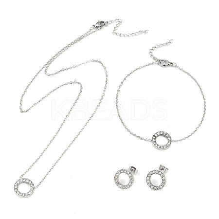 Ring 304 Stainless Steel Crystal Rhinestone Pendant Necklaces & Bracelets & Stud Earrings Sets for Women SJEW-C004-09P-01-1