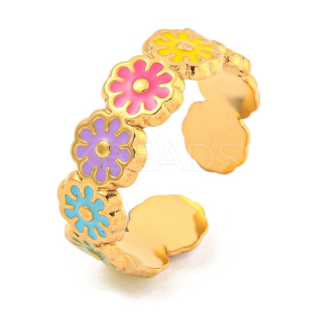 Daisy 304 Stainless Steel Enamel Open Cuff Ring for Women RJEW-Z041-02G-01-1