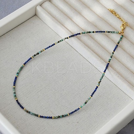 Natural African Turquoise(Jasper) and Lapis Lazuli Faceted Round Beaded Necklaces with 304 Stainless Steel End Chains WE3127-2-1