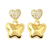 Heart with Butterfly Brass Micro Pave Clear Cubic Zirconia Dangle Stud Earrings EJEW-Z099-01G-4