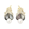 Feather Brass Clear Cubic Zirconia Stud Earrings KK-D301-12G-2