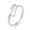 304 Stainless Steel with Rhinestone Heart Finger Ring for Women RJEW-C086-11-P-1