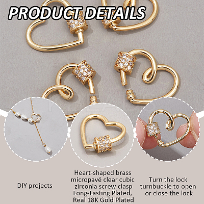 4Pcs Heart Brass Micro Pave Clear Clear Cubic Zirconia Screw Carabiner Lock Charms KK-NB0003-51-1