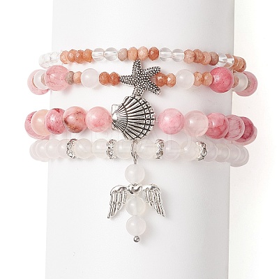 4Pcs 4 Style Natural Mixed Gemstone Beaded Stretch Bracelets Set BJEW-JB09263-1