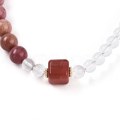 Round Natural Fresh Water Pearl & Red Agate Rhodonite & Quartz Crystal Beaded  Wrap Bracelets for Men Women BJEW-T022-07-1