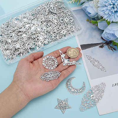 100Pcs 7 Styles Iron Filigree Pendants IFIN-WR0001-20-1