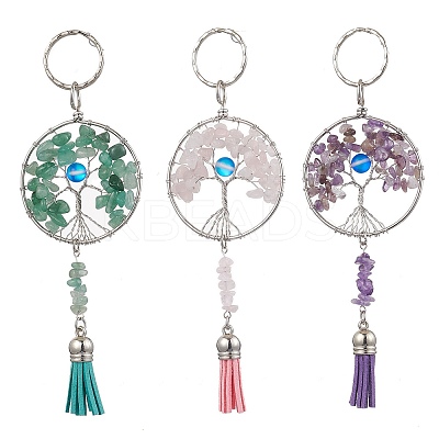 3Pcs 3 Styles Tree of Life Alloy Natural Amethyst & Green Aventurine & Rose Quartz & Synthetic Moonstone Keychain KEYC-JKC00987-1