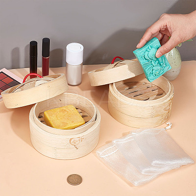 Round Bamboo Steamer Self-Draining Soap Box AJEW-GA0005-86-1
