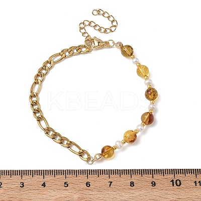 Natural Amber & Cultured Freshwater Pearl Beads Link Bracelets BJEW-JB13694-01-1