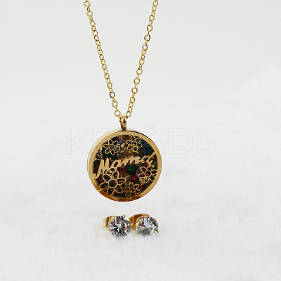 Mother's Day Flat Round with Flower & Word Mama Stainless Steel with Cubic Zirconia Pendant Necklaces & Stud Earring Sets WG8ED63-01-1