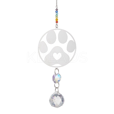 201 Stainless Steel Paw Print Shape & Rainbow Crystal Glass Hanging Suncatcher HJEW-JM04679-1