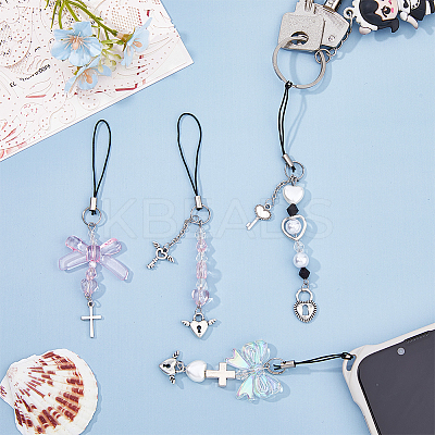 Acrylic Bowknot Heart Pearl Mobile Straps HJEW-PH01890-1